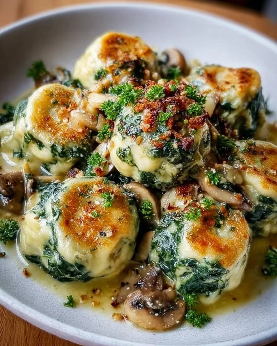 Spinatknödel mit Pilzragout